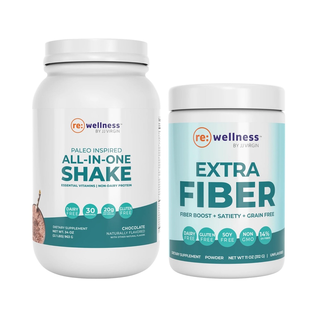 JJ Virgin Chocolate Paleo All-in-One Shake ja Extra Fiber Powder Supplement