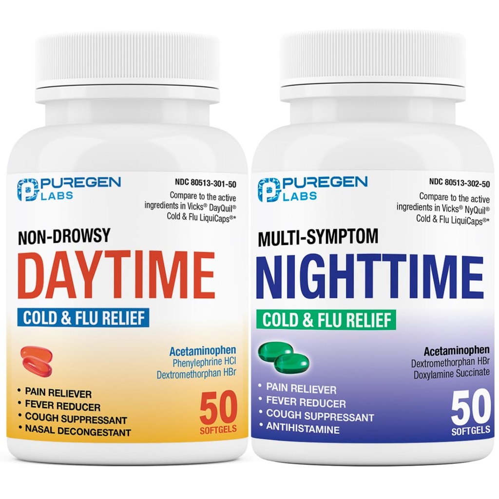 Puregen Labs Daytime and Nighttime Combo Pack, Cold and Flu Relief Medicine | Võimas multisümptom Daytime ja Nighttime Relief peavalu, palavik, valulik kurk, köha, ummikud ja valud