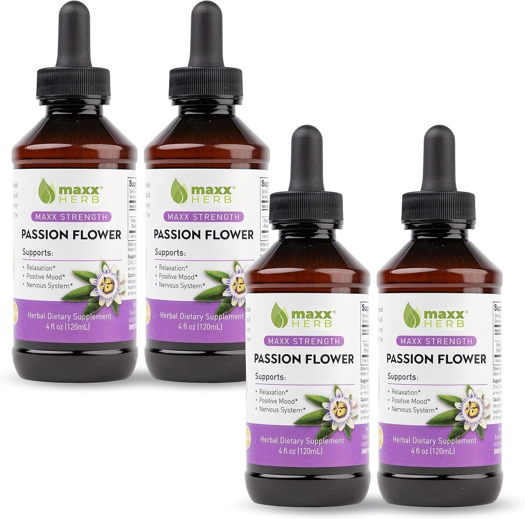 Maxx Herb Passion Flower Extract - Max Tugevus Passion-Lill Vedelik imendub paremini kui kapslid, lõõgastamiseks ja stressi leevendamiseks, alkoholivaba - 4 pudelit, 4 Oz iga (240 Servings)
