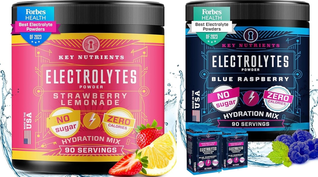 PÕHITOITMED Elektrolüüdid Pulber Ultimate Hydration & Wellness Bundle - Juicy Maasikas Lemonade & Sweet Blue Vaarika Elektrolüütpulbrid - Nullsuhkur, Keto-Friendly, 90 Servings Iga