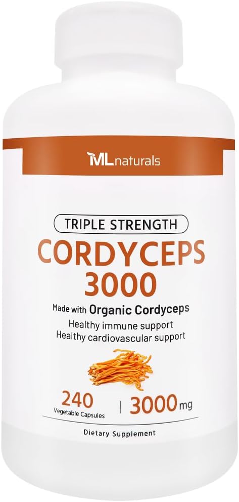 ML Naturals Triple Strength Cordyceps 3000 Made with Organic Cordyceps, 240 Vegetable Capsules. Healthy Immune Support, Non-GMO, NSF-Certified & cGMP-Compliant Third-Party Lab Tested.
