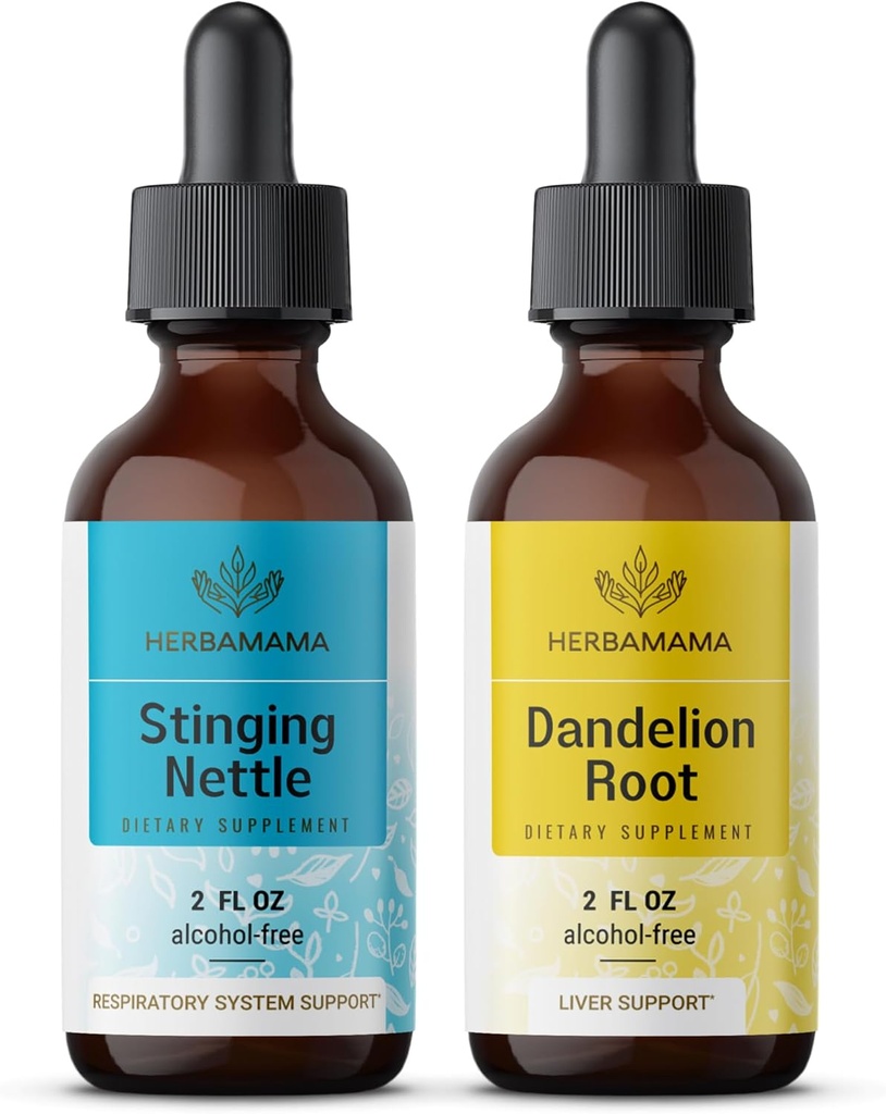 HERBAMAMA Taimne vedelik tilgad Kit - Bundle of Stinginging Nettle & Dandelion Juur Tinktuur 2 fl oz - Vegan, GMO-vaba, suhkur ja alkoholivaba - 2 Pack