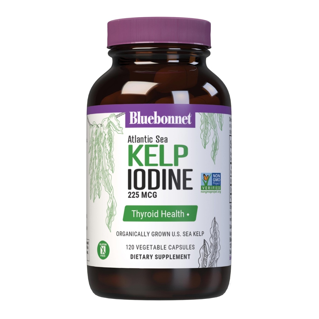 Bluebonnet Nutrition Atlantic Sea Kelp Jood 225 mcg - orgaaniliselt kasvanud USA merekelp - Non-GMO projekt kontrollitud, gluteenivaba, piimavaba - 120 köögiviljakapslit