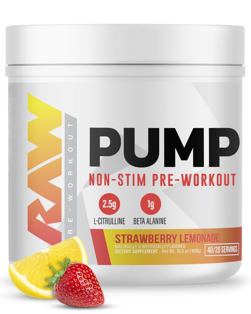 RAW Pump Stim Free Pre Workout (Maasikas Lemonade) - Mitte stimuleeriv Pre Treening Supplement Pulber Lämmastikoksiidi Booster - Pre Treeningu täiendus Jook treeningu ajal - 40 Servings