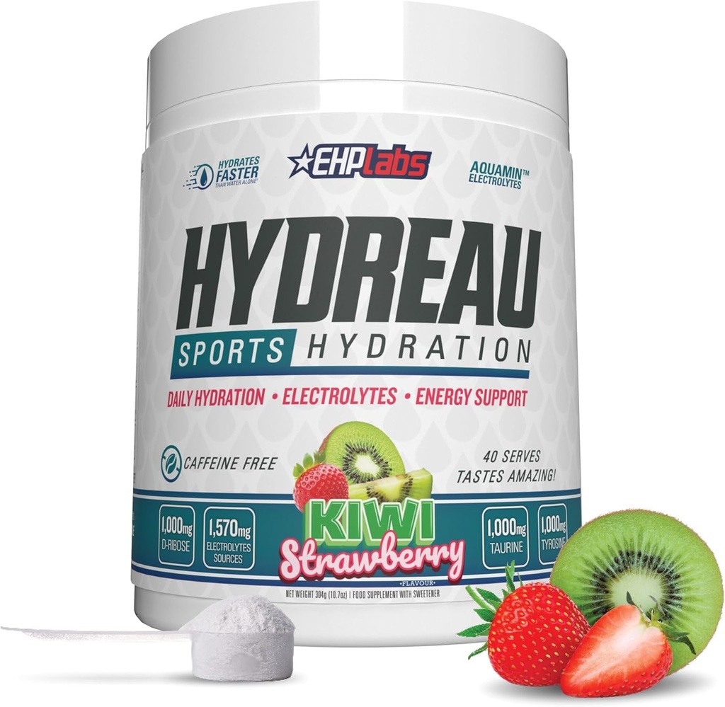 EHP Labs Hydreau Electrolytes Pulber No Sugar - Hüdratsioonipulber Kestvus & Energia - Elektrolüütide Pulber Meestele Ja Naistele - Suhkruvaba Elektrolüüdid - Kiwi Maasikas (40 Serves)