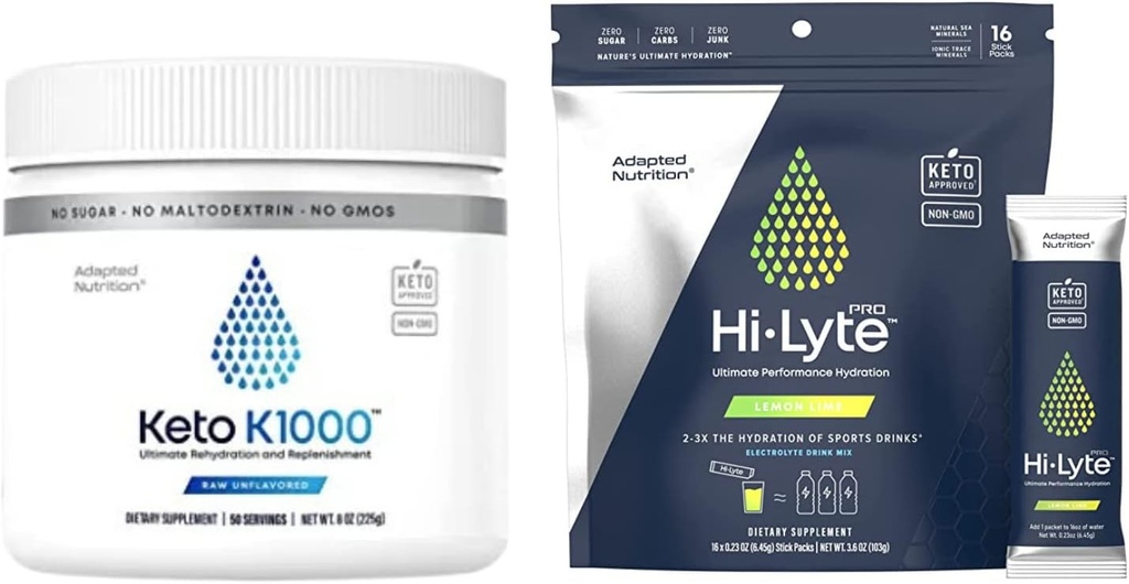 Hi-Lyte Keto K1000 Elektrolüütide Pulber | Hüdratsioonilisandi Joogisegu | Toores Mineraalmaitse, Ei Stevia | 50 Servingut | Plus Pro Hüdratsioonipaketid, 16 Individuaalset Joogipaketti | Sidrunilubi