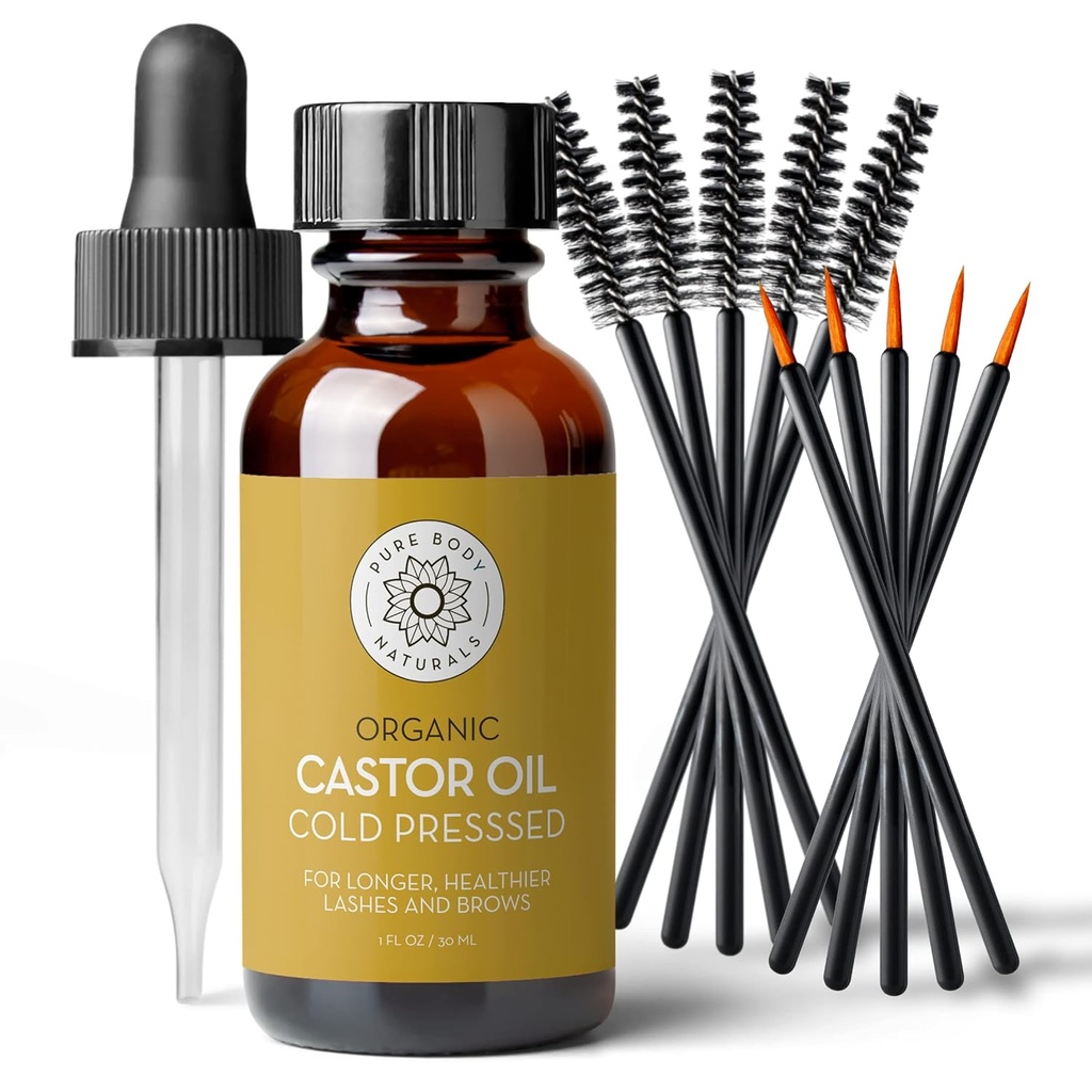 Pure Body Naturals Castor Oil ripsmete ja kulmude jaoks - 1 Fl Oz toitev kulm & Lash kasvu seerum - orgaaniline, heksaanivaba, külmpressitud, rafineerimata - ripsmete ja kulmude kasvu seerum naistele