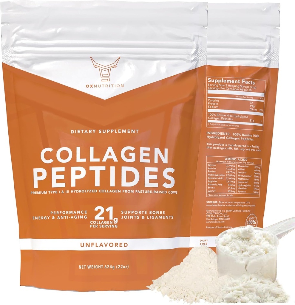 OX kollageenipulber naistele meestele (22oz) tüüp I & III Maitsetu & lõhnatu Lihtne segu Hüdrolüüsitud Peptaanvalk Peptiidid Liigese juuste nahk & küünetugi Gluteenivaba Keto Paleo Grass-Fed Kosher
