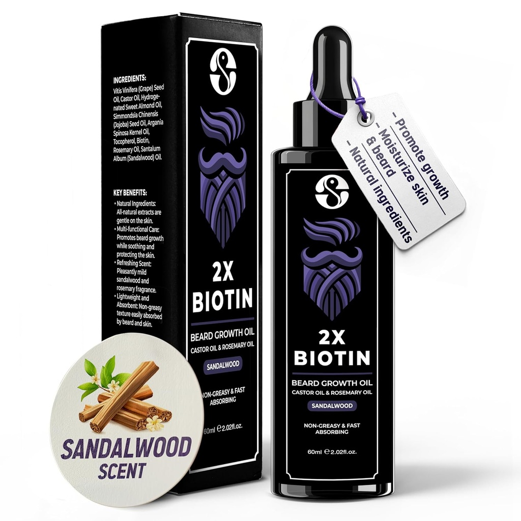 Biotiini kontsentratsioon Habeme paksendaja & Softener - 2oz koos kastoorõli, rosmariiniõli ja vitamiinidega - Sandalwoodi lõhn meestele