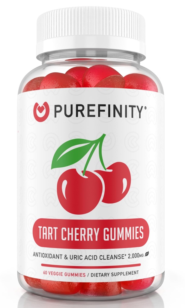 PUREFINITY Tart Cherry Gummies – Uric Acid Flush liigeste leevendamiseks ja taastamiseks, toormahl Ekstrakt Antioksüdant – Non-GMO, Gluteenivaba, Vegan, 60 Count