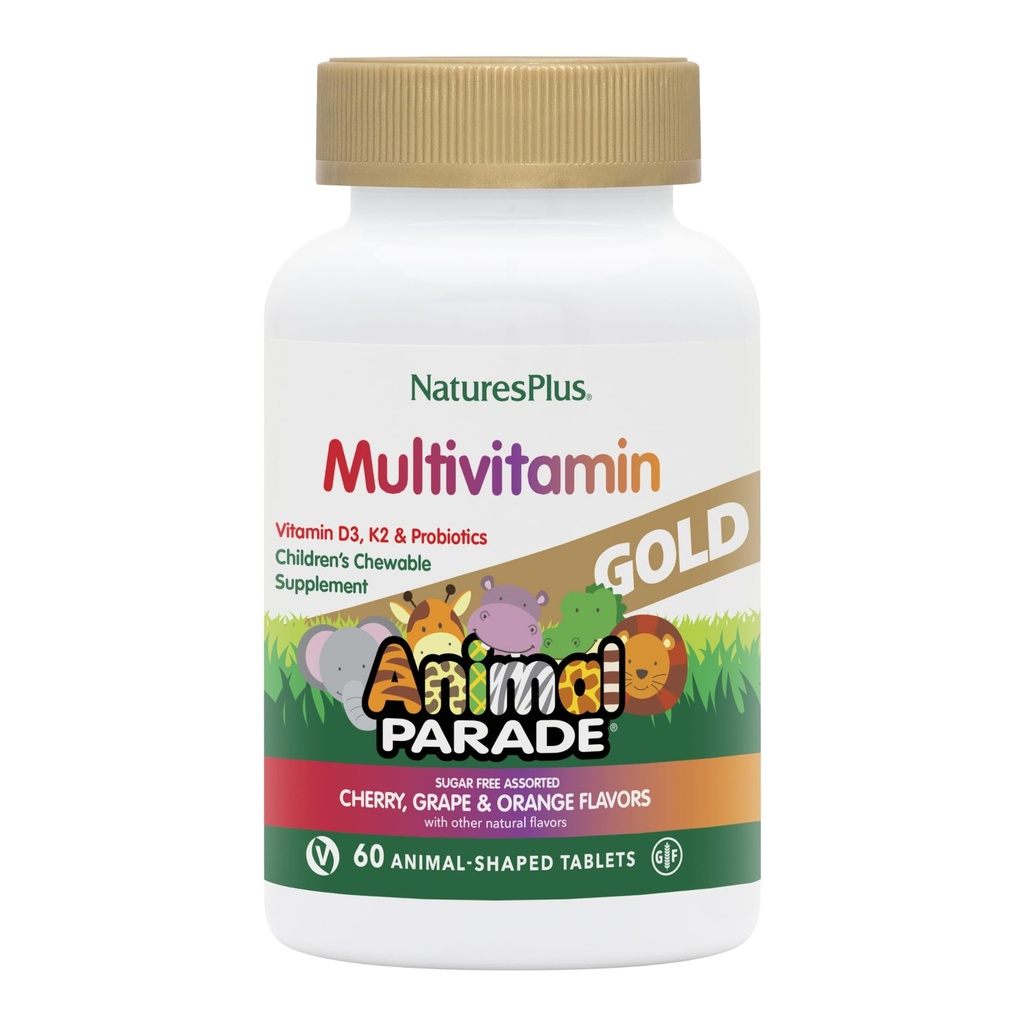Natures Plus Animal Parade Eluallikas Gold Laste närimismultivitamiinid - sorteeritud kirss, apelsin ja viinamarjamaitsed - 60 närimistabletti - taimetoitlane, gluteenivaba - 30 serveerimist