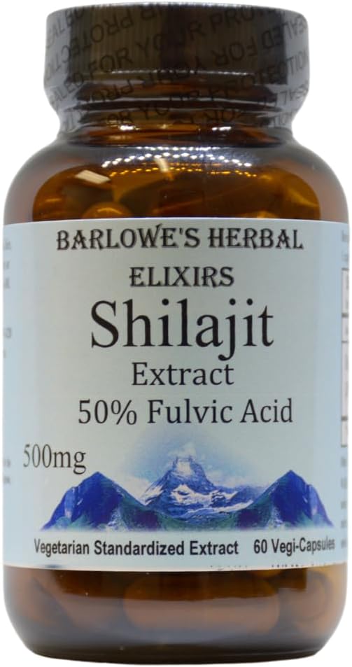 Barlowe's Herbal Elixirs Shilajit Extract | 500mg per Capsule | 50% Fulvic Acid | Mineraal-rikas Himalayan Supplement for Vitality & Wellness | 60 Vegan Kapslid | Non-GMO, Gluteenivaba, klaaspudelis