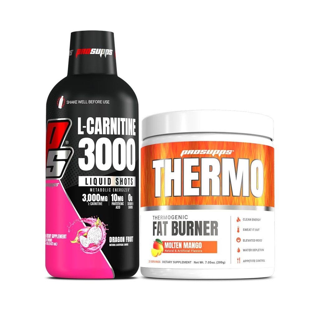 PROSUPPS L-karnitiin 3000 Stimulant Free Vedel Shots (31 Servings, Dragon Fruit) ja Thermo Fat Burning Thermogenic Powder (25 Servings, Molten Mango)