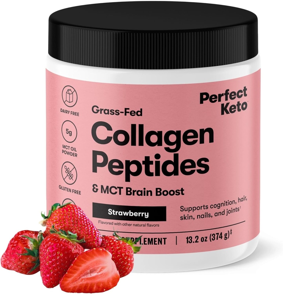 Täiuslik Keto kollageen Peptiidid Valgupulber MCT õli, hüdrolüüsitud kollageen, tüüp I & III täiendada, Gluteenivaba Grass Fed, madal carb, Keto Coffee Creamer, kollageen naistele ja meestele, maasikas