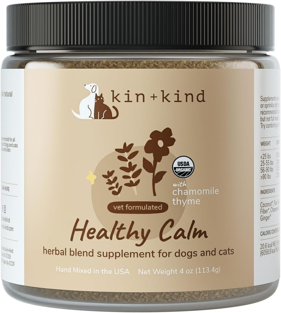 kin+liik Tervislik Calm Supplement koertele ja kassidele - Vet Formulated Natural Formula orgaanilise kummeliga, Thyme, Apple Pomace, Ingver ja Kookospähkli- Valmistatud USAs - 4 oz (keskmine)
