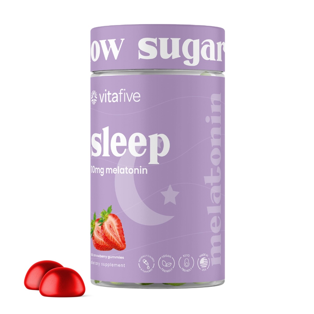 Vitafive Extra Tugevus Melatoniin Gummies, 10 mg Melatoniin, Uneabi täiskasvanutele, Madal suhkur, Vegan, Gluteenivaba Melatoniini Lisand (50 Ct)