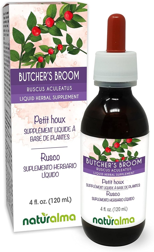 Naturalma lihuniku luud (Ruscus aculeatus) Juur Alkoholivaba tinktuur - 4 fl oz Vedel ekstrakt tilkades - Taimne täiendus - Vegan