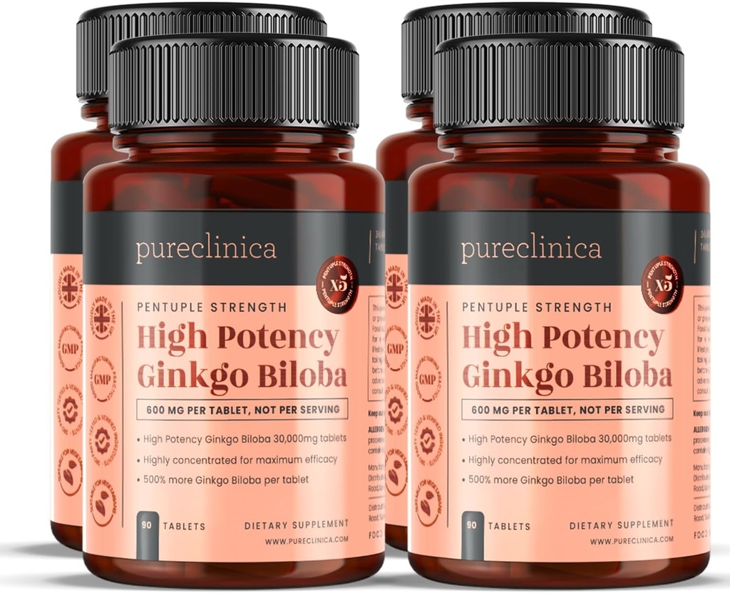 pureclinica kõrge potentsi Ginkgo Biloba 30 000 mg x 360 tabletti (4 pudelit 90) - 12 kuud pakkumine - 5 korda Konkurentide toodete tugevus