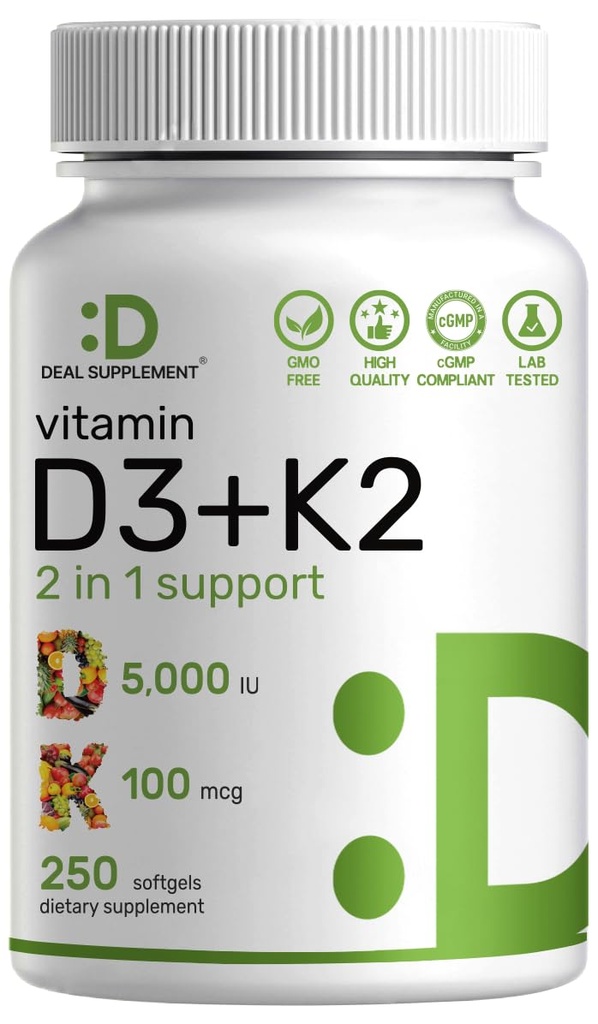 D3-vitamiin 5000 RÜ + K2 MK7 Softgeelid, 250 loend | 2-in-1 kompleks | Lihtne neelata