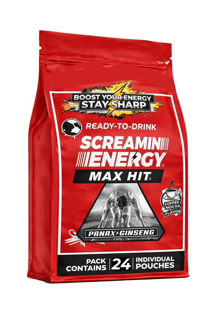 Screamin Energy Max Hit - energiakaadrid ekstra tugevus ženšenni ja kofeiiniga - 100% B-1, B-2, B-3, B-6, B-7 ja B12 Coffee Mocha, 24 Count