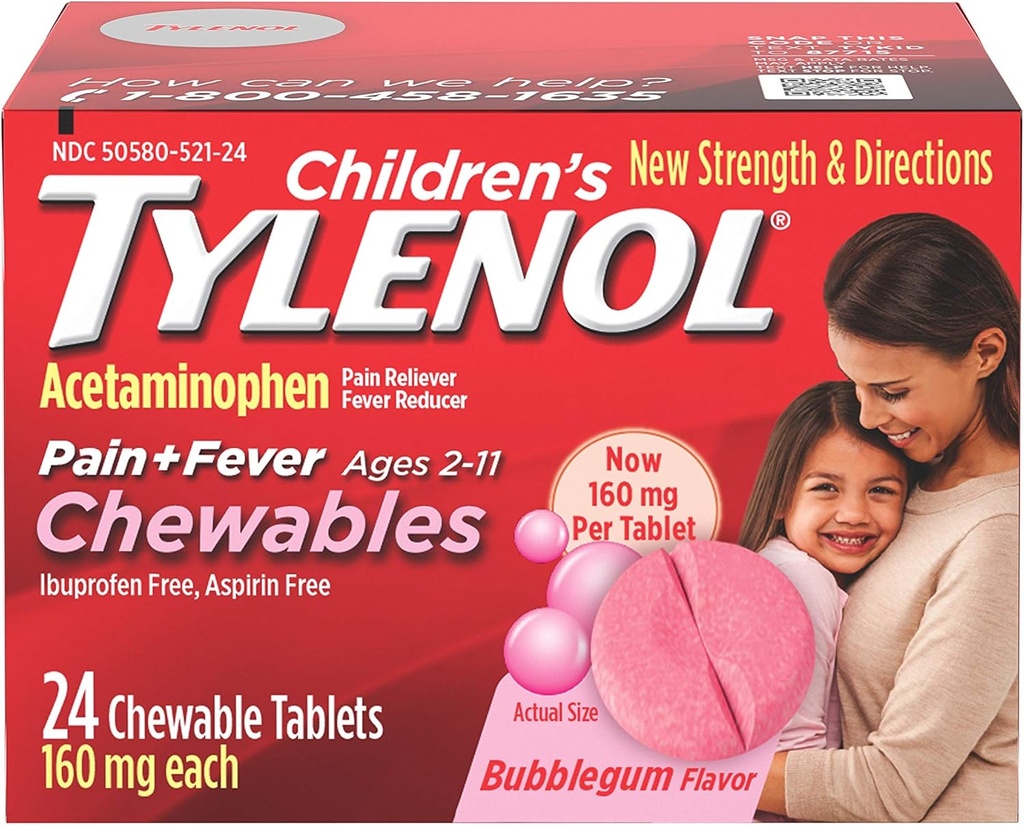 Laste Tylenol närimistables, Acetaminophen valu ja palaviku leevendamiseks, Bubble Gum, 24 ct