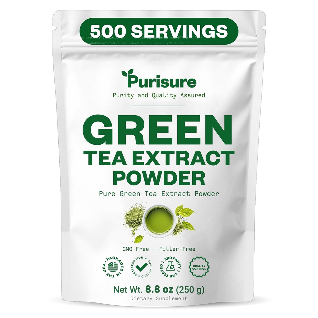 Purisure Green Tea Extract | Pulbriline tee Premium Green Leaf | Magustamata Vegan Tee Latte & Smoothie Retsept | Looduslik Antioksüdant Roheline Tee Pulber EGCG & Polyphenols | 500 Servings
