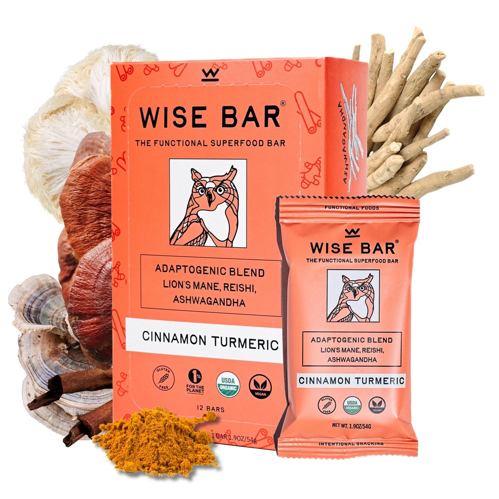 WISE BAR Adaptogen Seene toitumisbaarid Reishi, Lions Mane & Ashwagandha, Orgaaniline Vegan & Gluteenivabad Suunad loodusliku fookuse, energia ja immuunsuse toetamiseks, kaneeli kurkum maitse, 12 krahv