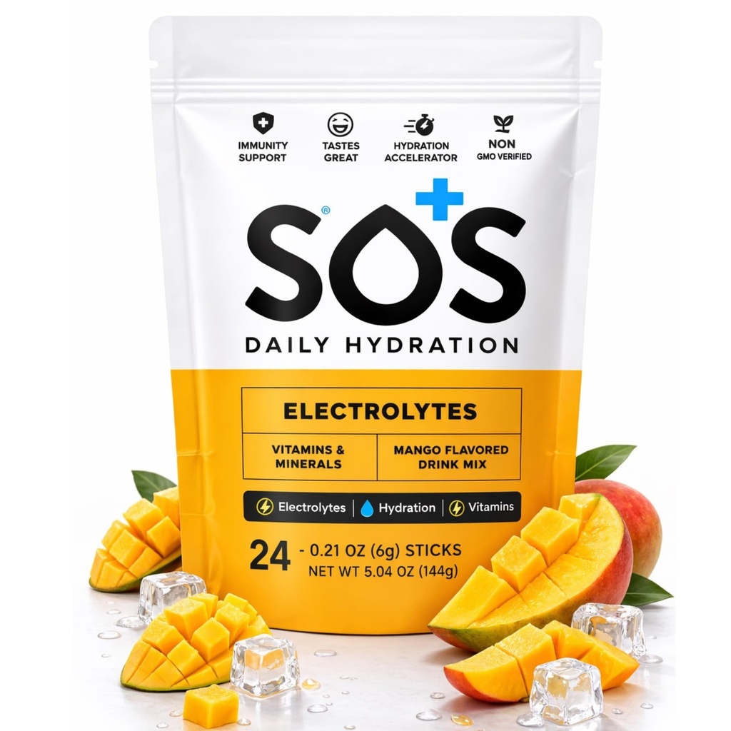 SOS Hüdratsioon Elektrolüüt Pulber Joogisegu | 24 Servings | Essential Vitamins Low Sugar Keto-Friendly | Mango
