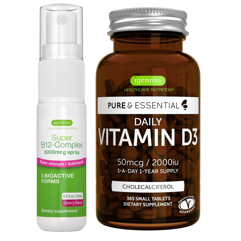 Igapäevane D3-vitamiin + Super B12-kompleks 5000mcg taimetoitlane komplekt, 365 2000iu D3-vitamiini tabletid + kõrge tugevus B12 kirsi maitse Sublingvaalne pihustus, Igennus