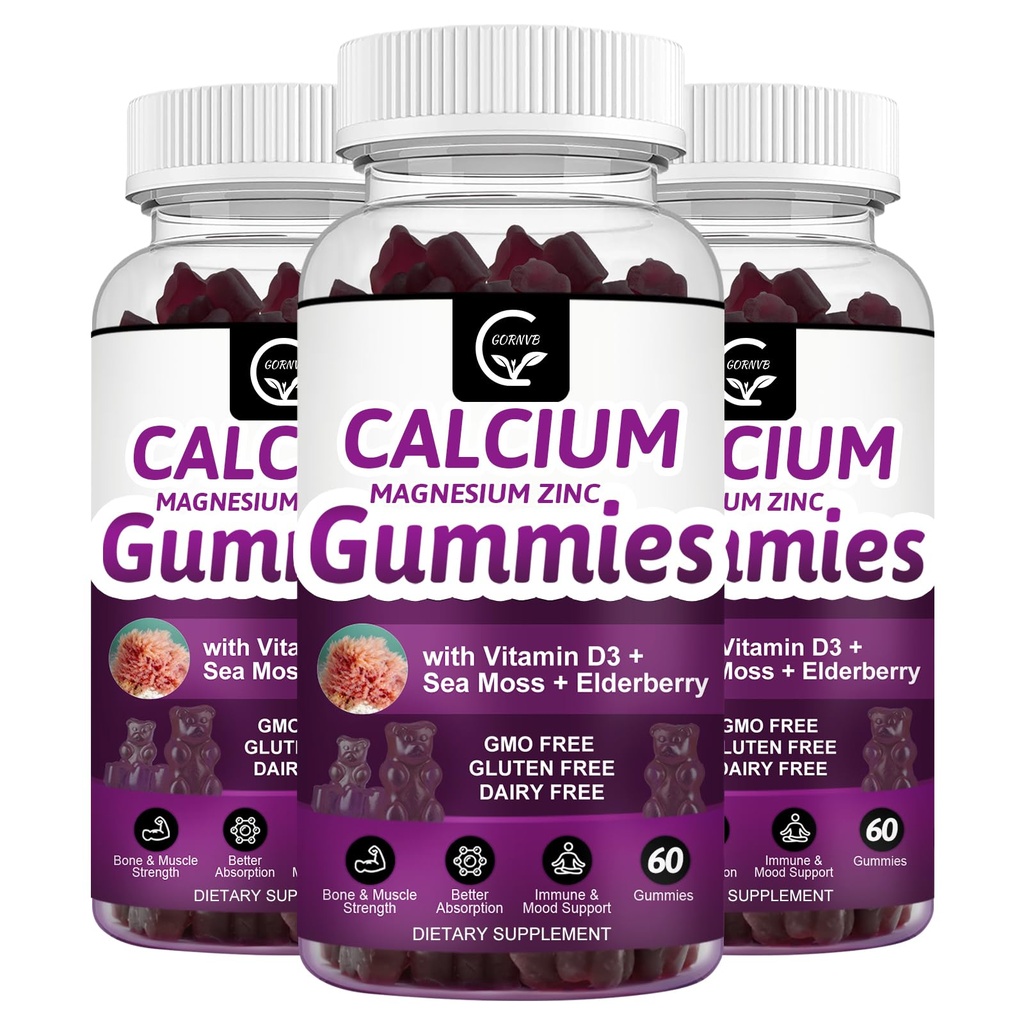 Kaltsium Magneesium Tsink Gummies kõrge imendumisega Magneesium Glütsinaat Kaalium - Taimekompleks Kaltsium Magneesium 2: 1 suhe, D3 Sea Sammal Luu, Lihased, Immun & Sleep Support, Vegan-3 Pack