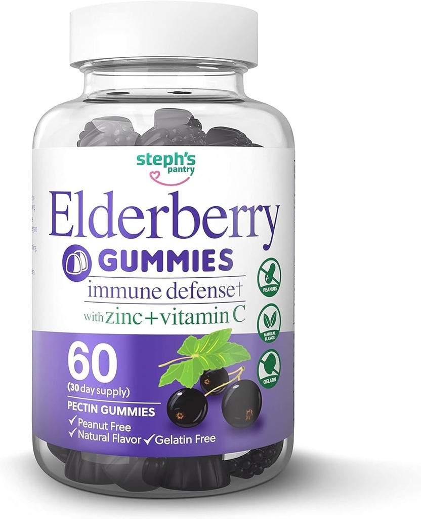 Elderberry Gummies vitamiin C ja tsink - Immune Booster Elderberry Gummies täiskasvanutele ja lastele - Vegan Natural Ingredients Defense Multivitamiinid Antioksüdandid (60 Gummies)