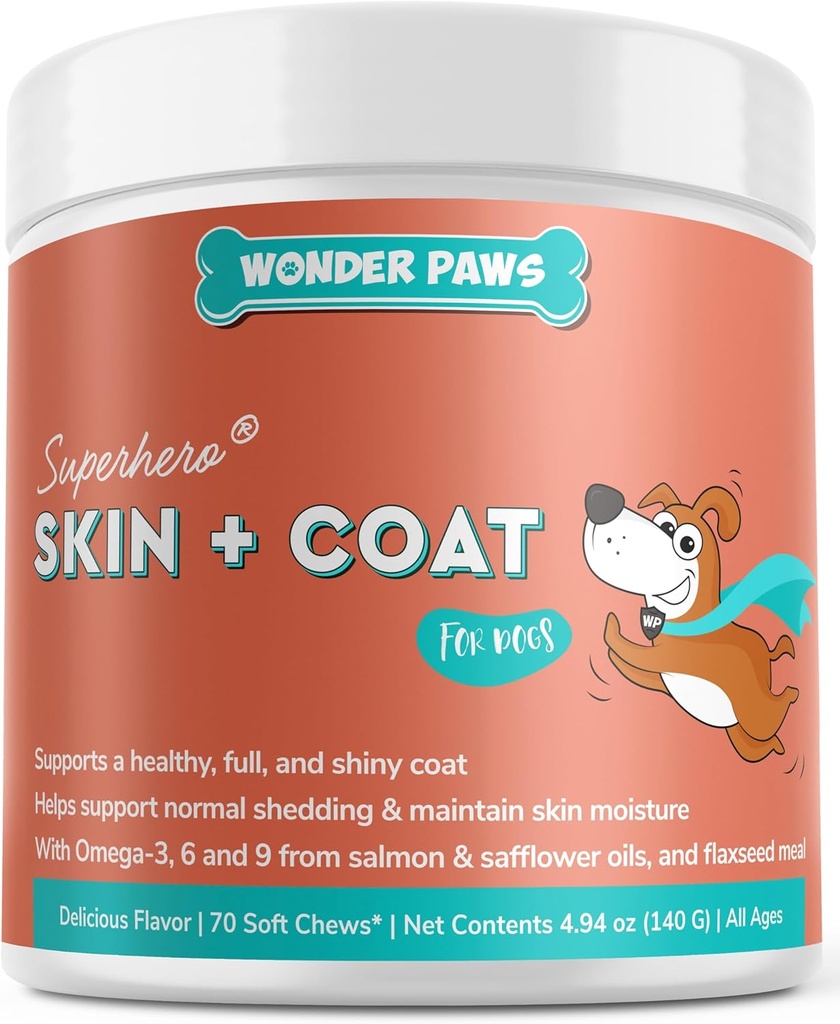 Wonder Paws Naha ja Coat Supplement koertele Lõheõli, Omega 3 & 6, EPA & DHA, Soodustab Tervislikku Naha Ja Coat, Sügelev Relief, Liigese Ja Üldine Tervis, Maitsev Maitse, 70 Naha Ja Karvkate Pehmed Närid