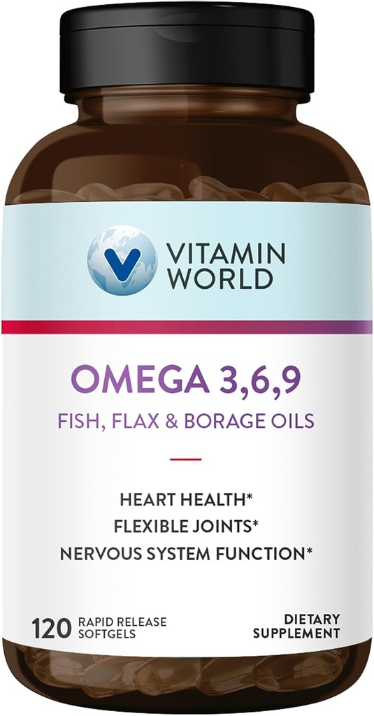 Vitamiin World Triple Omega 3-6-9 3000mg koos kala, lina, Borage & Evening Primrose õlid, Omega-3 rasvhapped EPA & DHA, toetab südame, aju ja immuunsüsteemi tervist, gluteenivaba, 120 Softgels