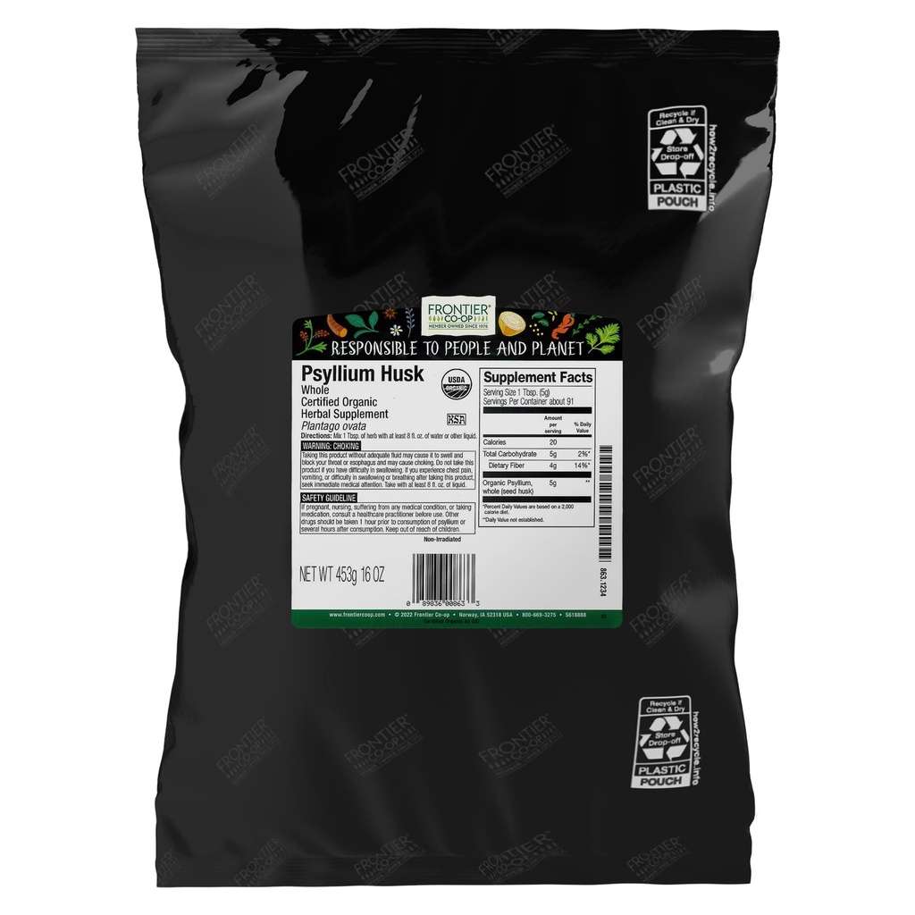 Frontier Co-op Orgaaniline Psyllium Husk 1lb - Terve Psyllium Husk, Orgaaniline & Kosher - Psyllium Husk Fiber küpsetamiseks, Psyllium Nutritional Supplement seedimist, Psyllium Husk Pulber Bulk