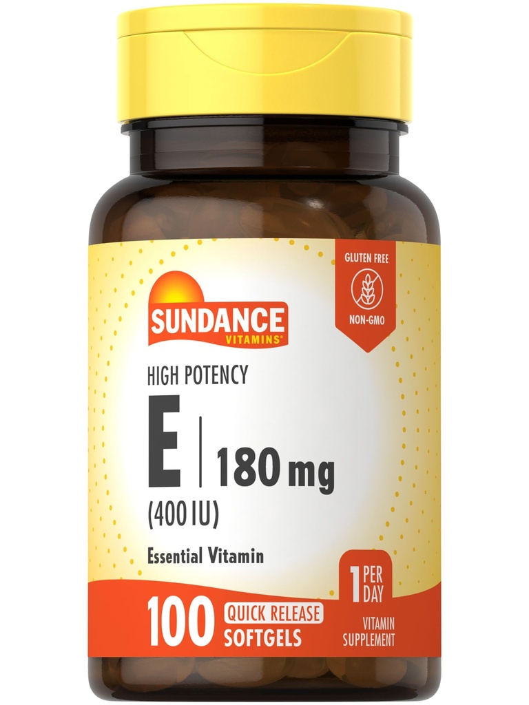 Sundance Vitamiin E 180mg (400 IU) | 100 kiire vabastav Softgels | suure tugevusega valem | Mitte-GMO ja gluteenivaba toidulisand
