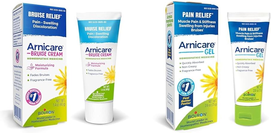 Boiron Arnicare Bruise Cream valu leevendamiseks verevalumid ja turse või värvimuutus ja Arnicare Gel rahustav leevendamine liigesevalu, lihaste valu, lihaste valulikkus