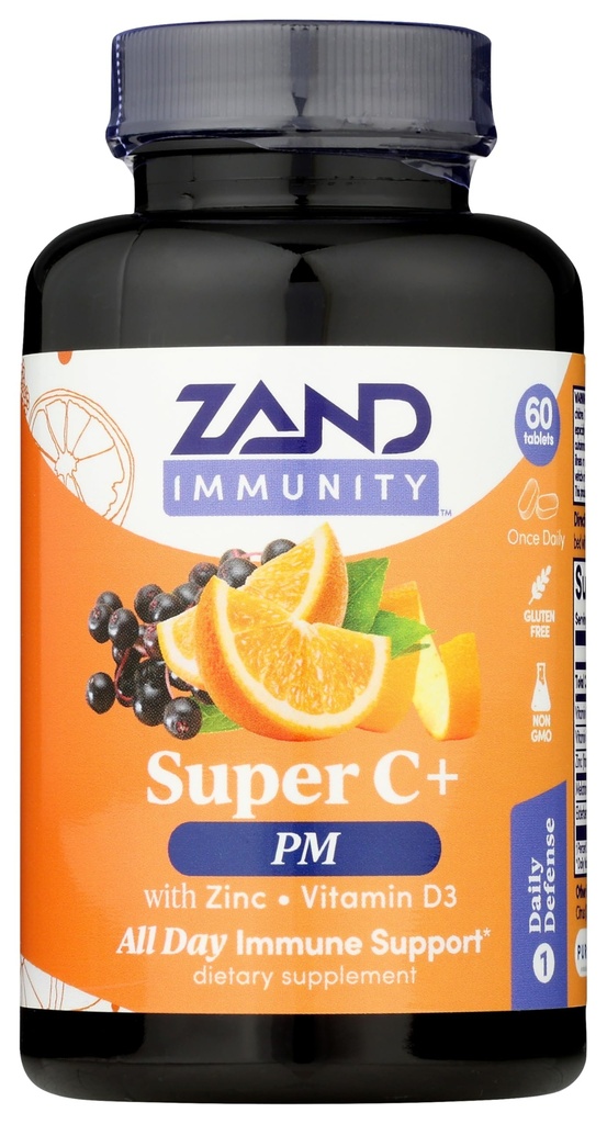 Zand Immunity Super C + PM, öine immuunsuse tugi Plus melatoniin, 1000mg PureWay-C-vitamiin C, tsink, D3 & Elderberry, tõhustatud imendumine - 60 tabletti, 30 serveerimist