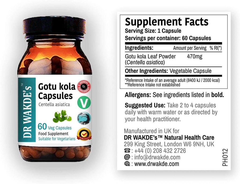 DR WAKDE Gotu kola kapslid (Mandukparni, Centella asciatia, 60 Veg Caps, taimepõhine toidulisand, Ayurveda ürdi, kõik looduslikud, vegan)