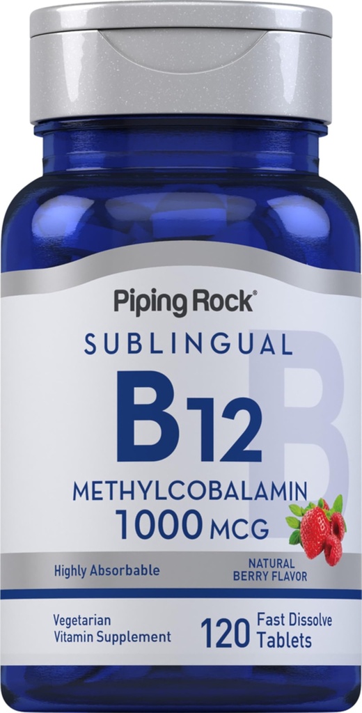 Piping Rock Vitamiin B12 1000 mcg Sublingvaalne | 120 tabletti | metüülkobalamiinina | Berry Maitse | Taimetoitlane, mitte-GMO, gluteenivaba toidulisand