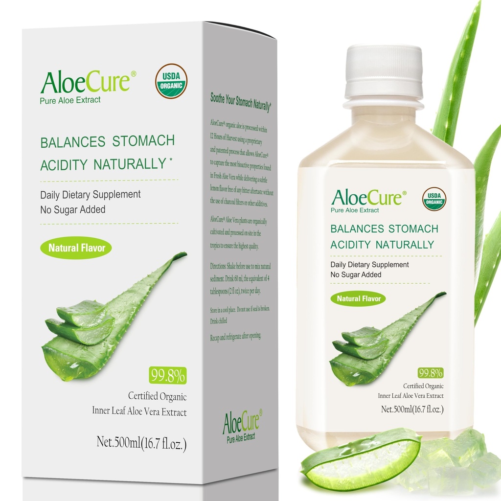 AloeCure USDA orgaaniline Aloe Vera mahl, mis on valmistatud 12 tunni jooksul saagikoristusest - puhas Aloe mahl Looduslik seedetrakti lisand seedimist, immuunsüsteemi ja tasakaalustatud kõhuhapet, 500 ml pudelit