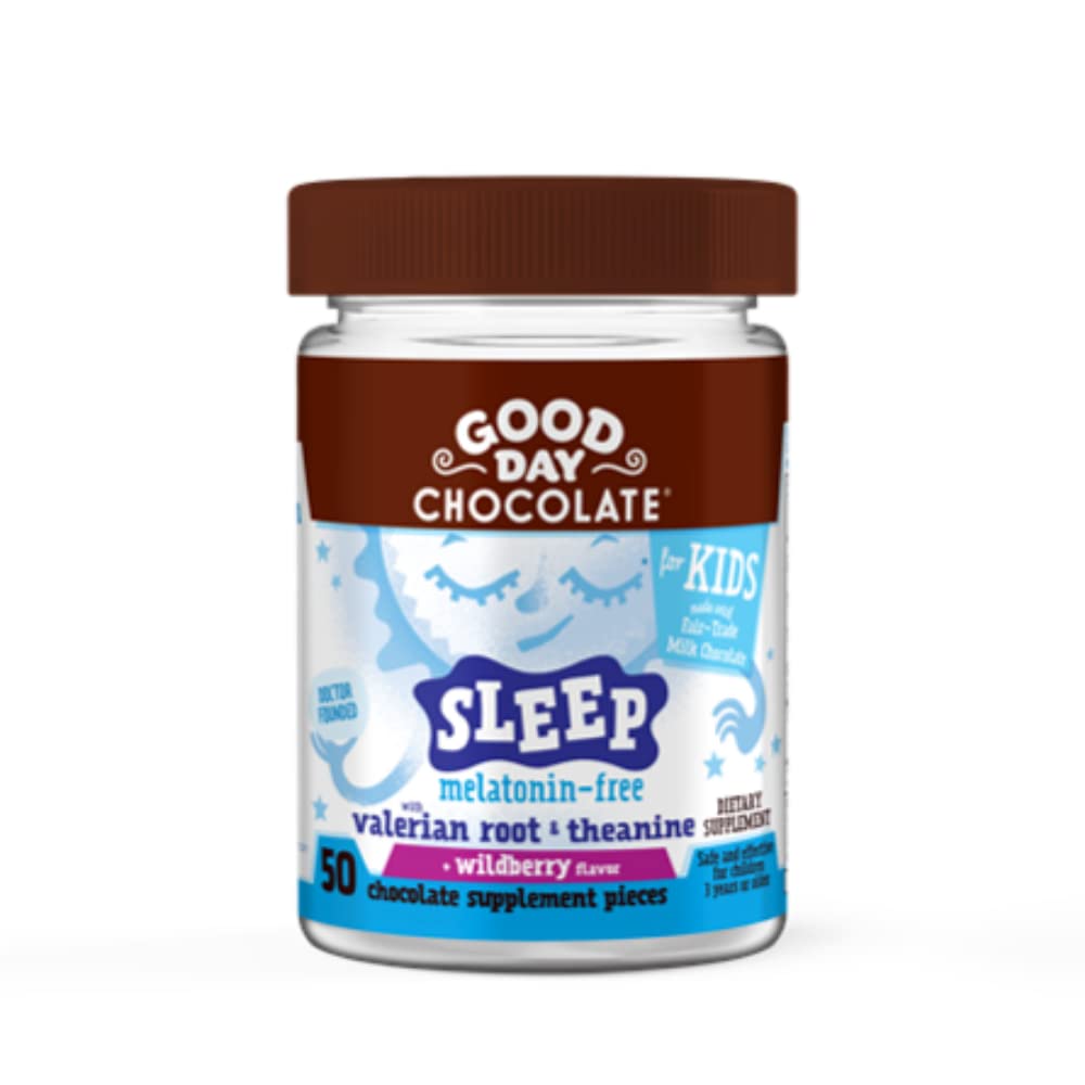 Hea päev Chocolate Natural Valerian Juur lastele, Taimne Sleep Supplement, Organic Wildberry Maitse, Fair Trade ja Non-GMO Chocolate, L-Theanine, 50 tükki