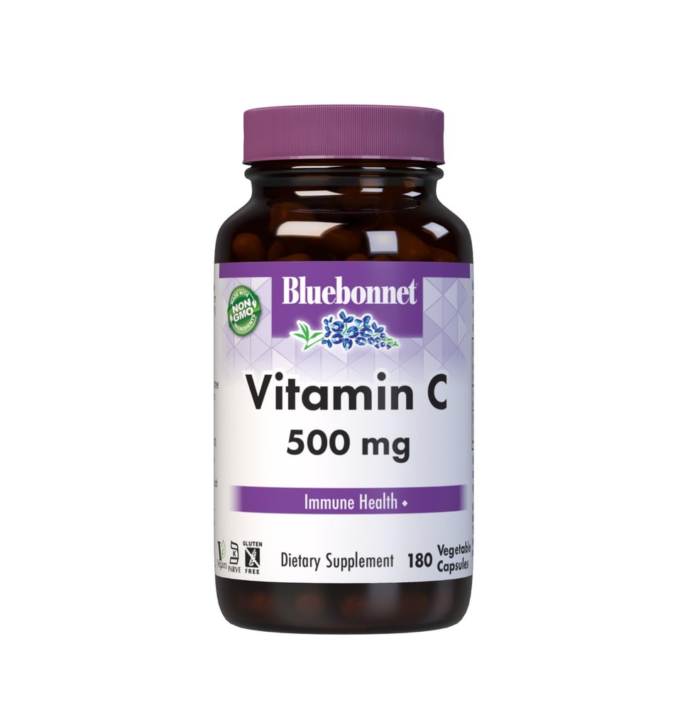 Bluebonnet Nutrition Vitamin C 500 mg Vegetable Capsules, Ascorbic Acid, for Immune Health & Skin Health, Vegan, Vegetarian, Non GMO, Gluten Free, Soy Free, Milk Free, Kosher, 180 Vegetable Capsules