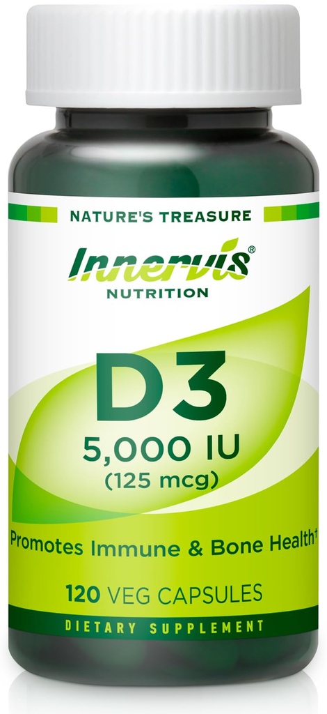 Suure tugevusega D3-vitamiin 5000 RÜ - immuunsuse suurendamine, luude ja hammaste toetamine, lihtne alla neelata 120 Veg kapslit