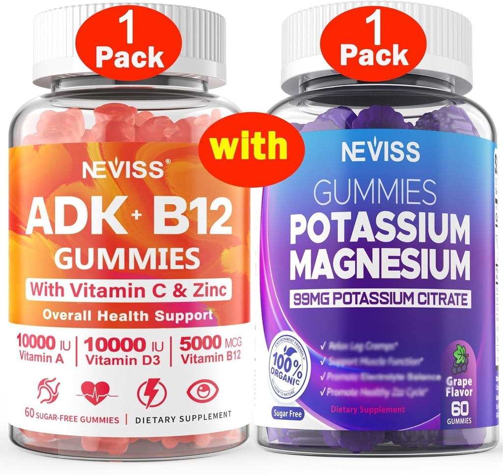 NEVISS 1Pack Vitamiin ADK B12 + 1Pack Kaalium Magneesium Gummies