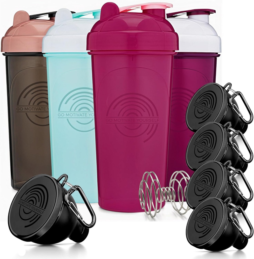 GOMOYO Fitness Bundle - 4-pakilised raputuspudelid agitaatoriga + 5-pakilised valgulehtrid karabiiniga, BPA-vaba ja nõudepesumasina ohutu