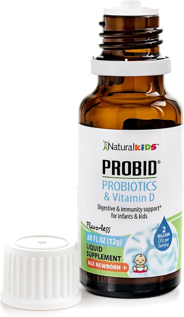 NaturalKids Vedelad probiootikumid Imikutele ja D-vitamiiniga lastele Probiootikumid Imikutele Seedetrakti Tervis ja Immuunsüsteemi tugilisa - Probid Baby Probiootikumid - Maitsetu .68 Fl Oz.