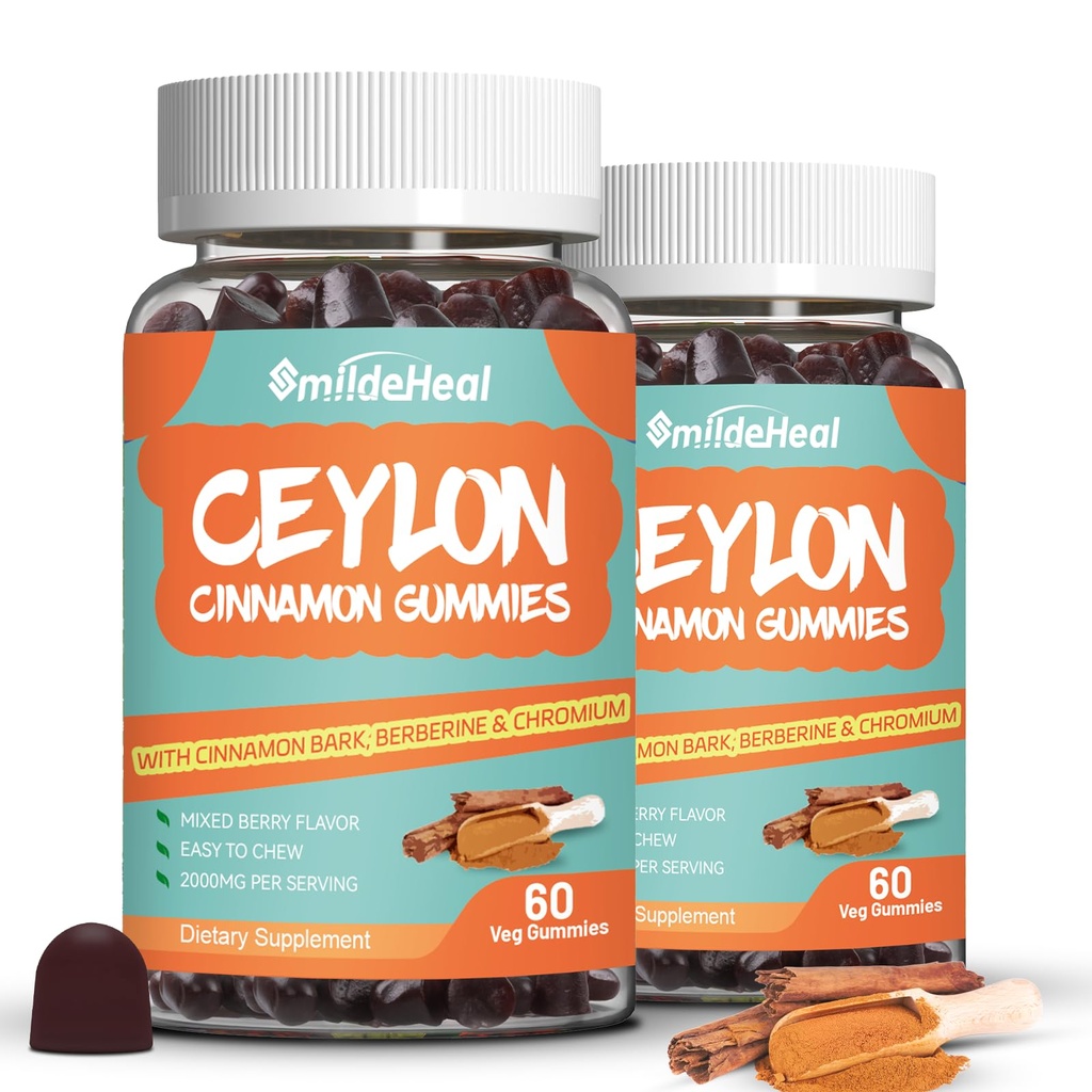 2 Pack Sugar Free Ceylon Cinnamon Gummies 2000MG, Cinnamon Supplement koos kroomi ja kaneeli koor, Vegan, Non-GMO, Gluteenivaba, 120 Gummies
