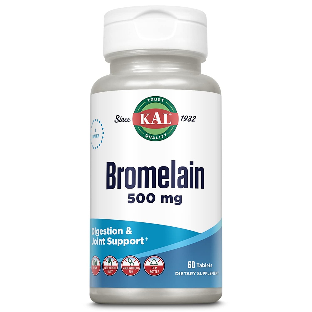 KAL Bromelain 500 mg, seedimine ja ühine tugilisand, seedeensüümid, ananassiekstrakt, kiire lagunemine, vegan, valmistatud ilma piima või sojata, Lab Verified, 60 serveerimist, 60 tabletti