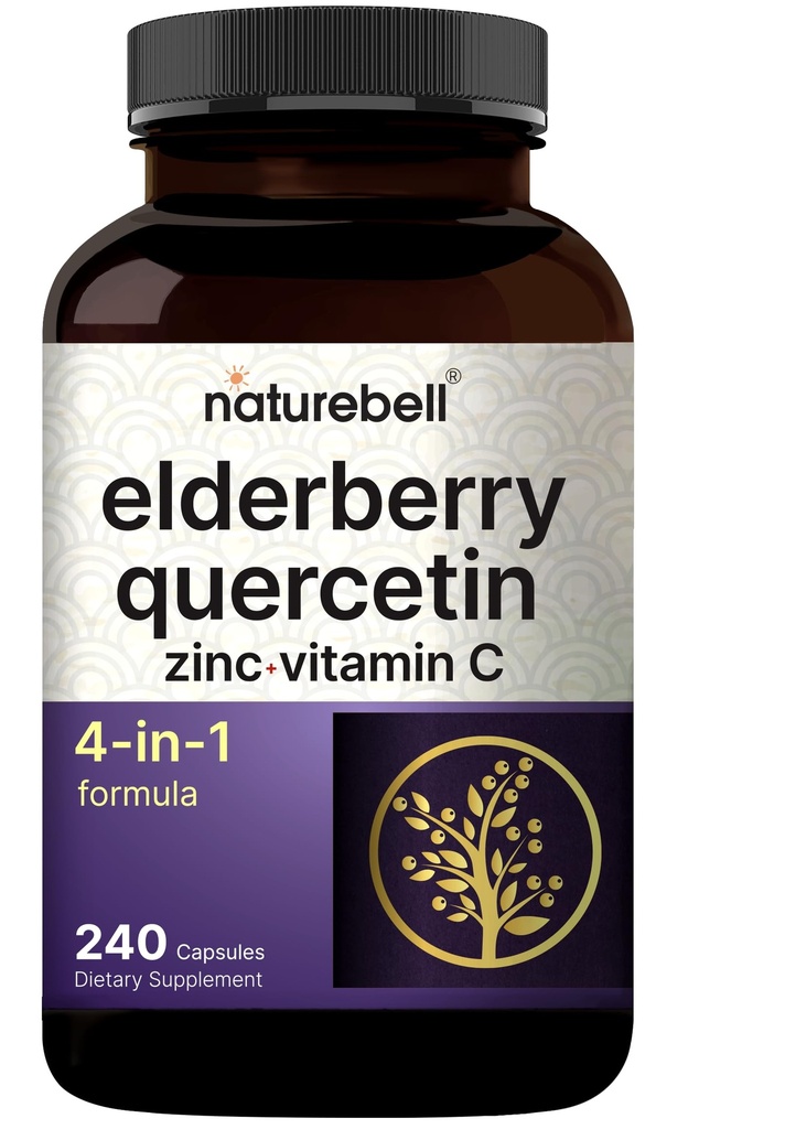 NatureBell Sambucus Elderberry kapslid, 5000mg Per Serving Quercetin 500mg, vitamiin C ja tsink, 240 Count | Euroopa Black Elderberry Fruit Extract – 4 in 1 Immune Support Supplements