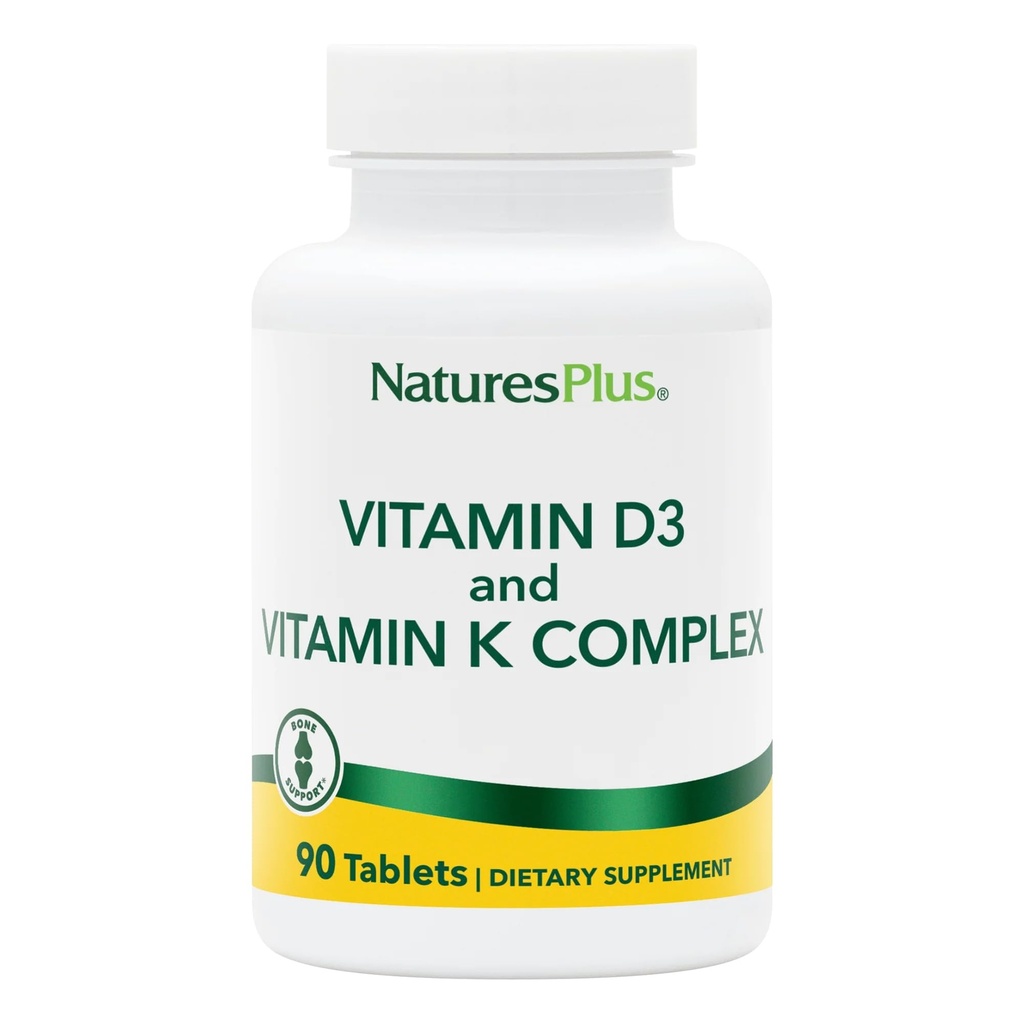 Natures Plus Vitamiinid D3 ja K2-90 Tabletid - Soodustab Luude Toetust, Immuunfunktsiooni, Südame-veresoonkonna Tervist Ja Meeleolu Tasakaalu - Taimetoitlane, Gluteenivaba - 90 Servingut